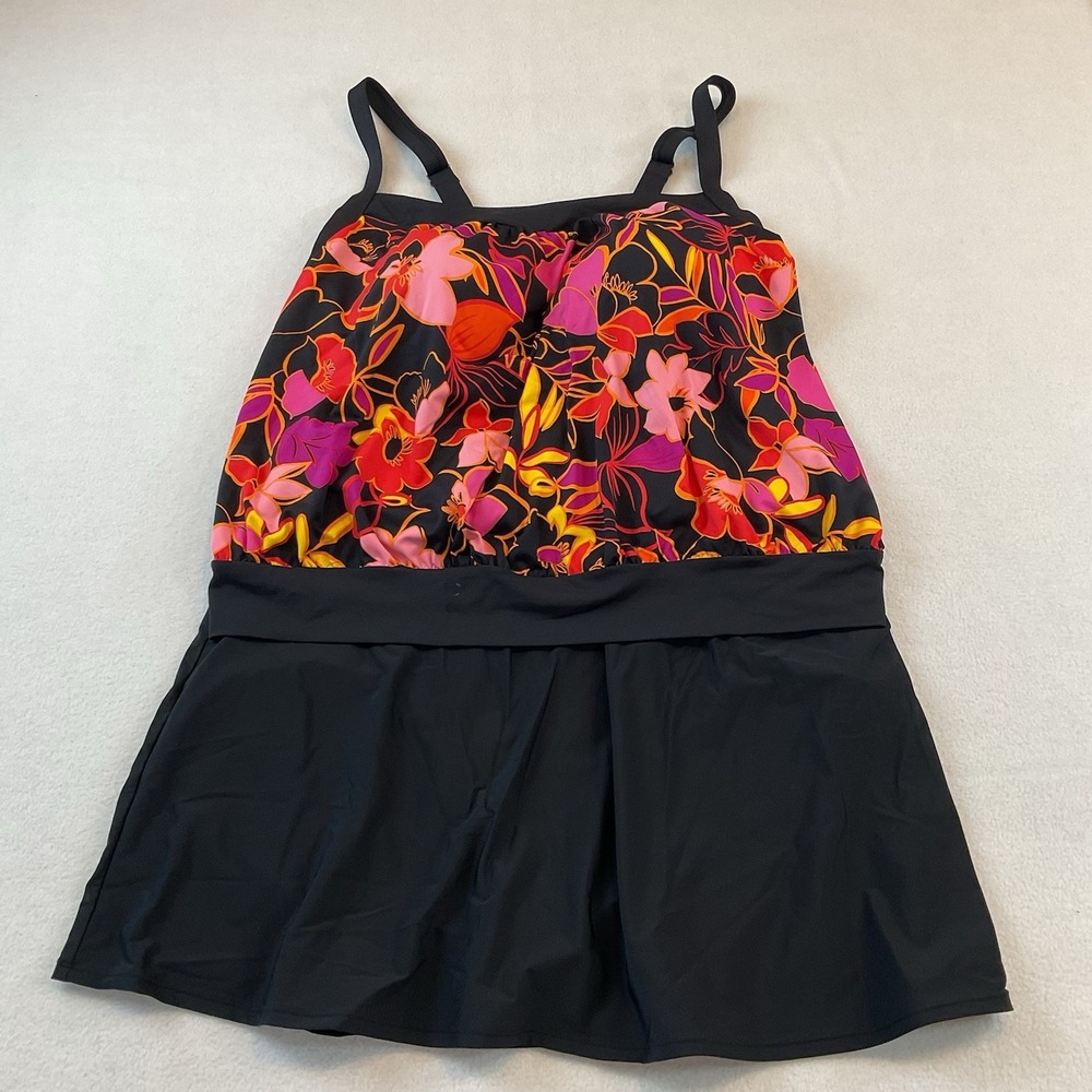 Lands End‎ Swimsuit Tankini 2 Piece Womens 16 Pink Orange Floral Top Black Skirt